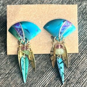 Vintage Holly Yashi Earrings Niobium Gold Fill Post Dangle Purple Teal Signed